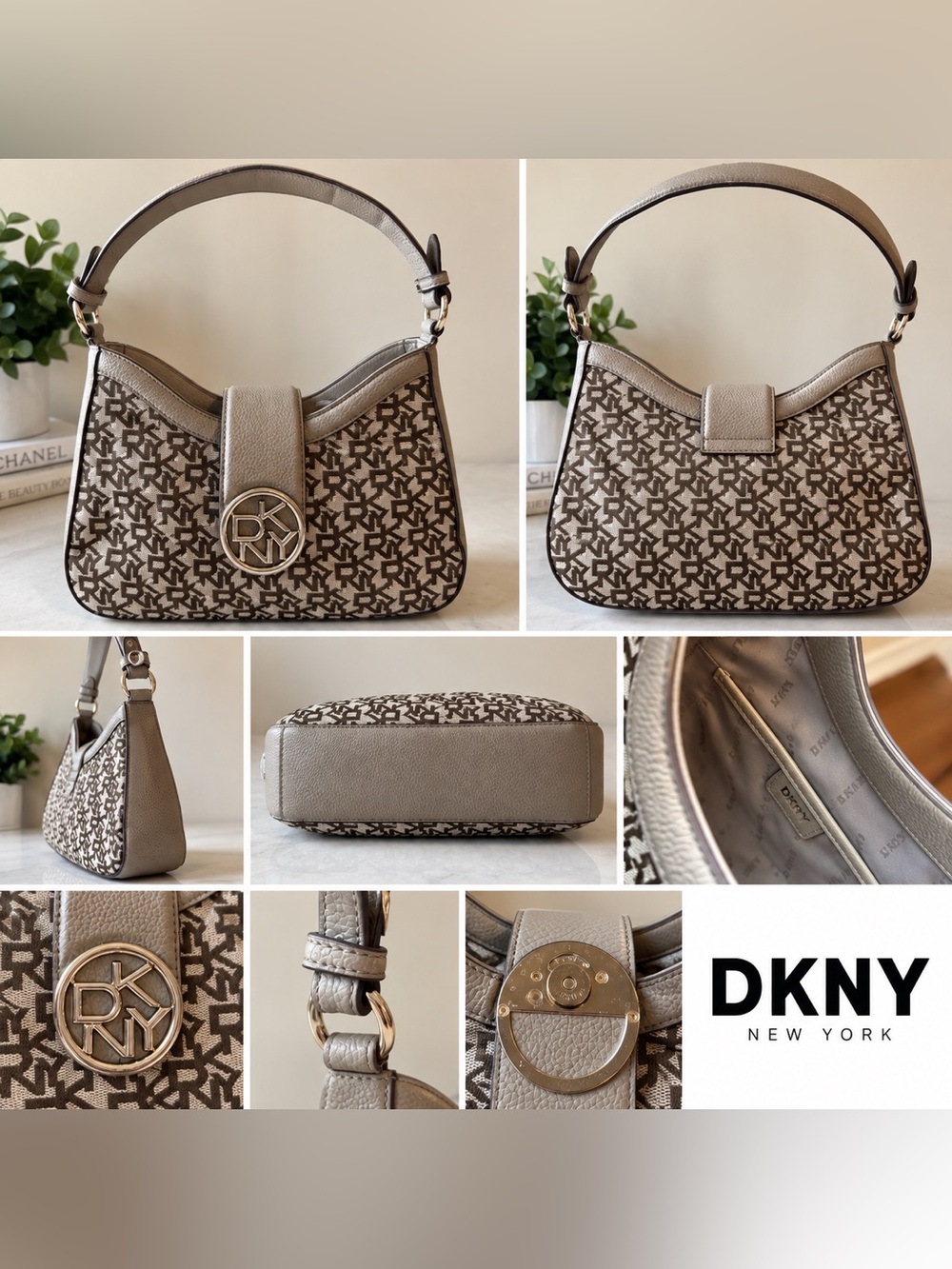 DKNY Taupe Monogram Logo Shoulder Bag - Picture 3 of 4
